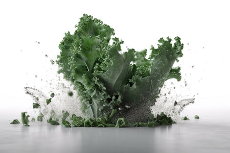 Levitation Kale leaf salad vegetable with drops of water splash, isolated on white background, organic healthy, flying food. Splash of juice, AI generativeの素材