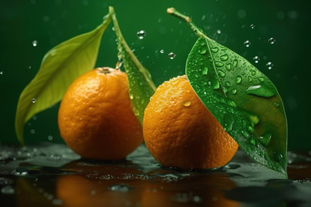 Levitation ripe oranges citrus with drops of juice water splash, isolated on green background, organic healthy fruit, flying food. AI generativeの素材