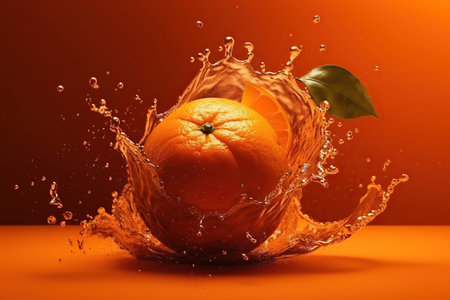 Levitation ripe oranges citrus with drops of juice water splash, isolated on orange background, organic healthy fruit, flying food. AI generativeの素材