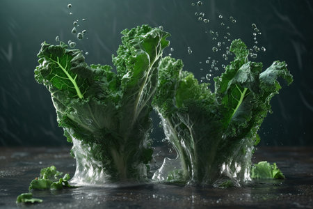 Levitation Kale leaf salad vegetable with drops of water splash, isolated on black background, organic healthy, flying food. Splash of juice, AI generativeの素材