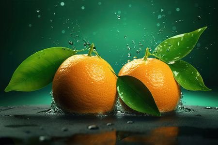 Levitation ripe oranges citrus with drops of juice water splash, isolated on green background, organic healthy fruit, flying food. AI generativeの素材