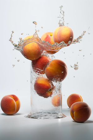 Levitation ripe peaches with drops of juice water splash, isolated on white background, organic healthy fruit, flying food. AI generativeの素材