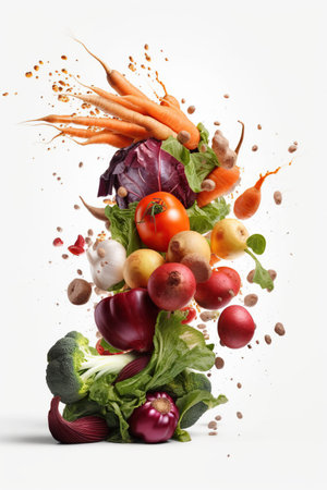 Levitation mix vegetables root crops and greens with drops of juice water splash, isolated on white background, organic healthy, flying food. Splash of juice, AI generativeの素材