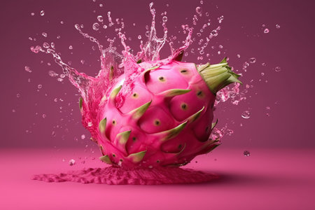 Levitation ripe ragon fruits pitahaya with drops juice splash , isolated on pink background, organic healthy exotic fruit, flying food AI generativeの素材