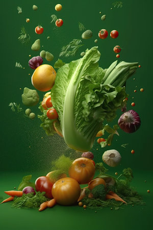 Levitation mix vegetables and greens with drops of juice water splash, isolated on green background, organic healthy, flying food. Splash of juice, AI generativeの素材