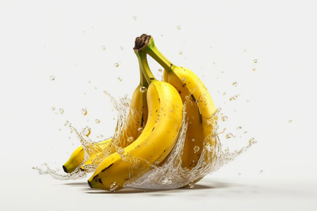 Levitation ripe  bananas with drops of juice water splash, isolated on white background, organic healthy fruit, flying food. AI generativeの素材