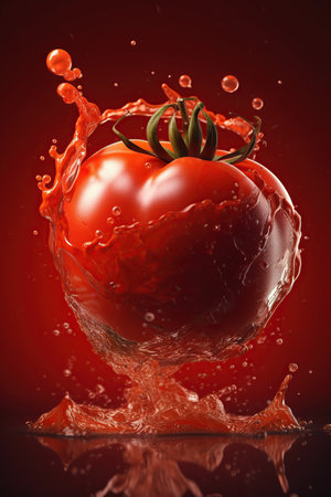 Levitation tomatoes with splash of juice, isolated on red background, organic healthy vegetable, flying foodの素材