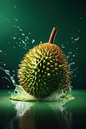 Levitation ripe durian with drops juice water splash , isolated on green background, organic healthy fruit, flying food, king of fruits. AI generativeの素材