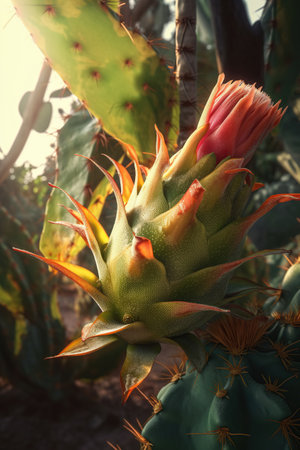 Dragon fruit, pitahaya grows on plantation,  summer tree agriculture garden, sunlight, AI Generative.の素材