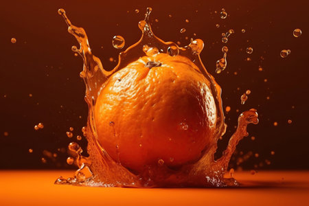 Levitation ripe oranges citrus with drops of juice water splash, isolated on orange background, organic healthy fruit, flying food. AI generativeの素材