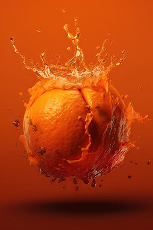 Levitation ripe oranges citrus with drops of juice water splash, isolated on orange background, organic healthy fruit, flying food. AI generativeの素材