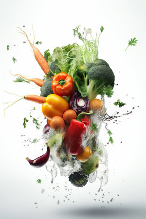 Levitation mix vegetables root crops and greens with drops of juice water splash, isolated on white background, organic healthy, flying food. Splash of juice, AI generativeの素材