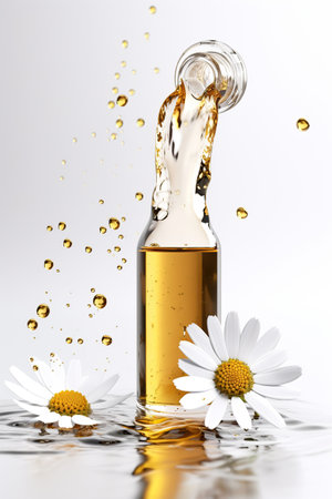 Natural chamomile essential oil in a glass bottle splash  with flowers on white background, Aromatherapy, spa and herbal medicine ingredients , AI Generativeの素材