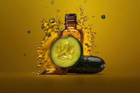 Natural cucumber essential oil in a glass bottle splash on yellow background, Organic fresh extracts medicinal skincare , AI Generativeの素材
