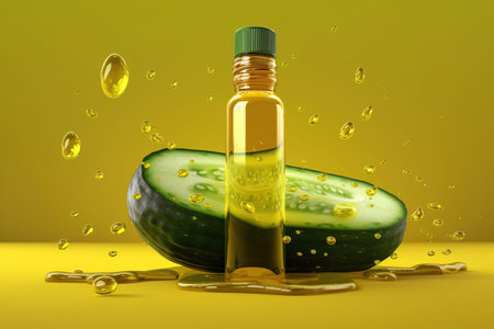 Natural cucumber essential oil in a glass bottle splash on yellow background, Organic fresh extracts medicinal skincare , AI Generativeの素材