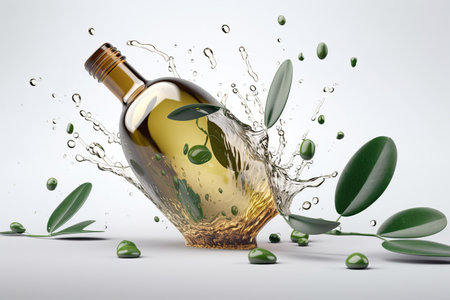 Natural eucalyptus essential oil in a glass bottle splash on green background, Organic fresh extracts medicinal leaves skincare , AI Generativeの素材