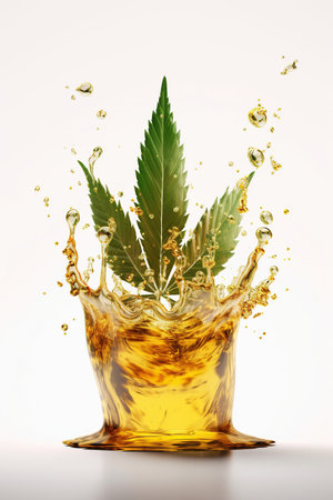 Natural cannabis essential oil in a glass bottle splash on white background, Organic fresh extracts Marijuana medicinal  , AI Generativeの素材