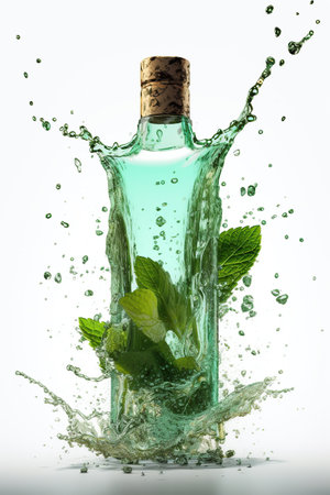 Natural mint essential oil fresh with in a glass bottle splash on white background, Organic green leaves, AI Generativeの素材