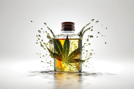 Natural cannabis essential oil in a glass bottle splash on white background, Organic fresh extracts Marijuana medicinal  , AI Generativeの素材