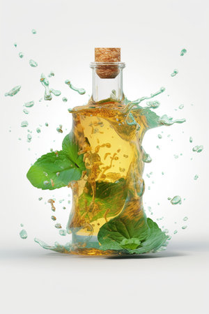 Natural mint essential oil fresh with in a glass bottle splash on white background, Organic green leaves, AI Generativeの素材