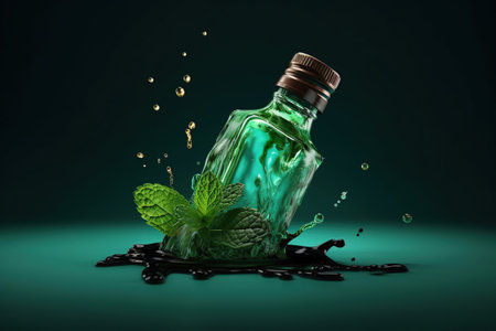 Natural mint essential oil fresh with in a glass bottle splash on green background, Organic green leaves, AI Generativeの素材