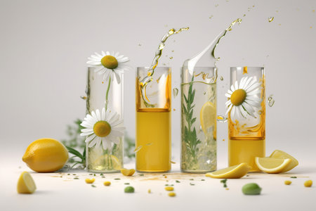 Selection of essential oils splash, with herbs and flowers on white background, Aromatherapy, spa and herbal medicine ingredients , AI Generativeの素材