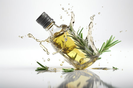 Natural rosemary essential oil in a glass bottle splash on white background, Organic green leaves, Herbal remedies, AI Generativeの素材