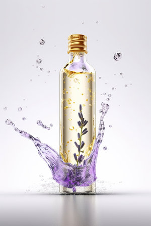 Natural  lavender essential oil with in a glass bottle splash on white background, Organic fresh flowers, spa aroma AI Generativeの素材