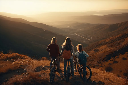 Family Bicyclists travel in a beautiful mountain road, looking on sunset, Cyclistes on a racing bike outdoors, AI Generative.の素材