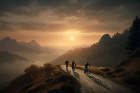 Group Bicyclists travel in a beautiful mountain road, sunset, Cyclistes pedaling on a racing bike outdoors, AI Generative.の素材