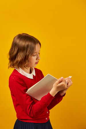 Portrait of happy schoolgirl reading a book on yellow studio background, educatin concept, Back to School, copy space, Teenager girl in school uniform.の写真素材