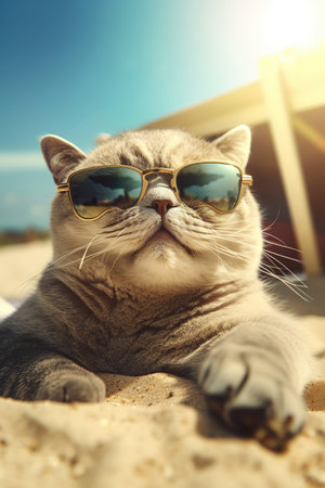 Funny cat scottish fold in sunglases on the beach,  resting on a sun lounger, summer resort. Ai Generative.の素材