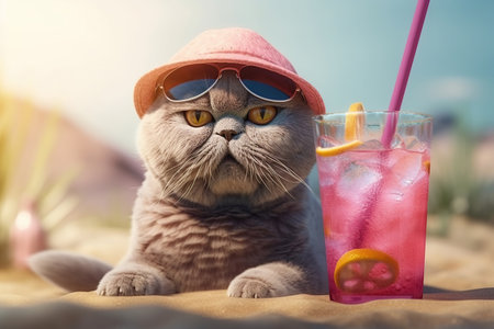 Funny cat scottish fold in pink hat on the beach, resting with cocktail, summer resort. Ai Generative.の素材