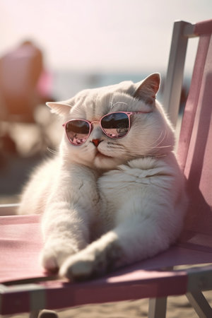 Funny cat scottish fold in sunglases on the beach,  resting on a sun lounger, summer resort. Ai Generative.の素材