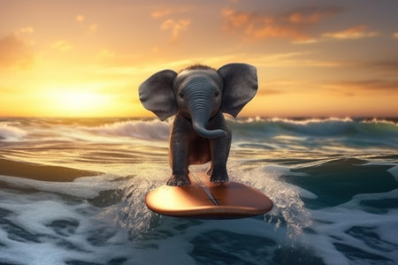 Elephant surfer on a surfboard, having fun on the sea waves, animal surfing on the beach, summer,  funny picture , AI Generative.の素材