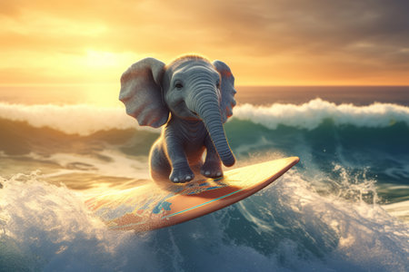 Elephant surfer on a surfboard, having fun on the sea waves, animal surfing on the beach, summer,  funny picture , AI Generative.の素材