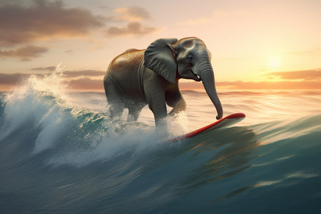 Elephant surfer on a surfboard, having fun on the sea waves, animal surfing on the beach, summer,  funny picture , AI Generative.の素材