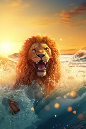 Lion swimming, having fun on the sea waves, animal in water on the beach, summer,  funny picture , AI Generative.の素材