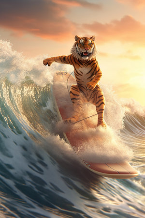 Tiger surfer on a surfboard, having fun on the sea waves, animal surfing on the beach, summer,  funny picture , AI Generative.の素材