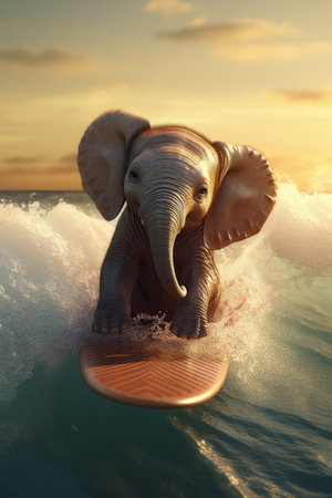 Elephant surfer on a surfboard, having fun on the sea waves, animal surfing on the beach, summer,  funny picture , AI Generative.の素材