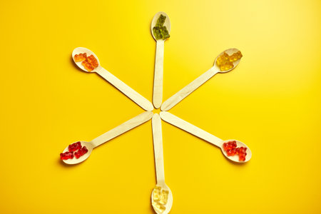 Flat lay composition with delicious jelly bears candy in wooden spoon, gummy bear on yellow background, top view , copy space.の写真素材