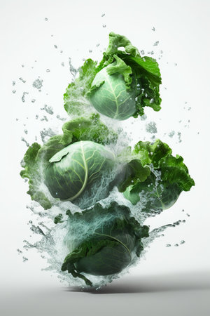 Levitation cabbages head with drops of water splash, isolated on white background, organic healthy, flying food, AI generativeの素材