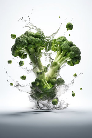 Levitation broccolis with drops of water splash, isolated on white background, organic healthy, flying food, AI generativeの素材