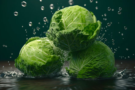 Levitation cabbages head with drops of water splash, isolated on green background, organic healthy, flying food, AI generativeの素材
