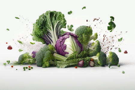 Levitation mix of cabbages with drops of water splash, isolated on white background, organic healthy, flying food, AI generativeの素材