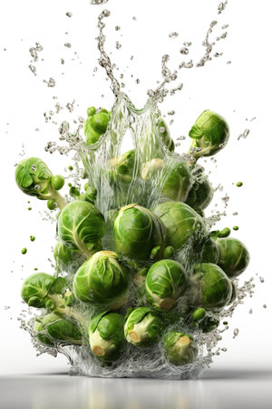 Levitation brussels sprouts with drops of water splash, isolated on white background, organic healthy, flying food, AI generativeの素材
