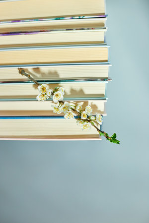 Stack of books with branch flowers, World book day, knowledge and creativity concept, spring, summer mood, copy space, top view.の写真素材