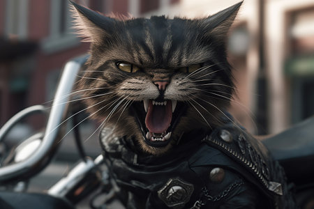 Cat biker in a leather jacket driving a motorcycle rides,  enjoy ride outdoor, ai generative.の素材