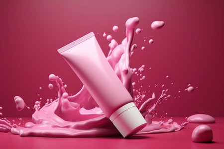 Mockup of cosmetic tube with cream splash on pink background.  Skin care products. AI Generative.の素材