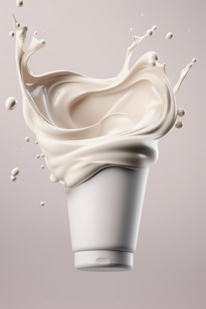 Mockup of cosmetic tube with cream splash on grey background.  Skin care products. AI Generative.の素材